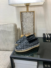 ESPADRILLE BLACK MIX WHITE TWEED FABRIC AND CALFSKIN FLATS