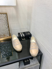 ESPADRILLE BISQUE BEIGE TWEED FABRIC AND CALFSKIN FLATS