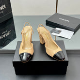 CC SLINGBACK 25S 90 MM IN BEIGE LAMBSKIN AND BLACK GLOSSY LEATHER WITH CHECK PATTERN