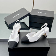 CC SLINGBACK 25S 65 MM IN WHITE LAMBSKIN AND BLACK FABRIC