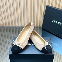 CHANEL 25S BALLET FLATS 20MM IN NUDE AND BLACK SUEDE WITH BOW
