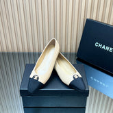 CHANEL 25S BALLET FLATS LOGO IN BEIGE CALFSKIN AND BLACK CANVAS GOLD HARDWRE