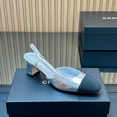 CHANEL 25S SLINGBACK SHOES IN SILVER AND BLACK CALFSKIN