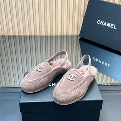 CHANEL 25S BACK STRAP MULE 15MM IN TAUPE GRAY SUEDE AND WOOL SILVER HARDWRE