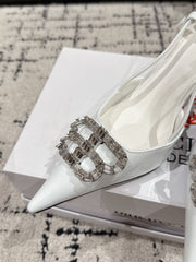 POINTED HIGH SLINGBACK IN WHITE PATENT CALFSKIN WITH CRYSTAL BUCKLE