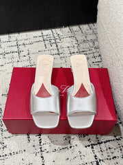 ROGER VIVIER 25S CRYSTAL HEEL MULE IN SILVER CALFSKIN