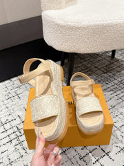 LV PLATFORM ESPADRILLE SANDALS 25S IN BEIGE FABRIC