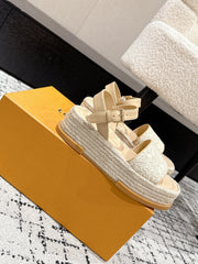 LV PLATFORM ESPADRILLE SANDALS 25S IN BEIGE FABRIC