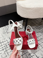 VLTN STUDDED BLOCK HEEL SANDALS 25S 60 MM IN WHITE LAMBSKIN