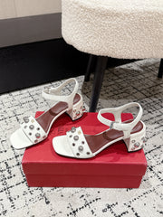 VLTN STUDDED BLOCK HEEL SANDALS 25S 60 MM IN WHITE LAMBSKIN
