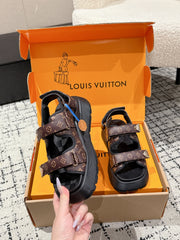 LV WEDGE SANDALS 25S 55 MM IN BROWN AND BLACK CALFSKIN WITH LOGO PATTERN