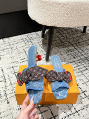 LV CHERRY HIGH HEELS 25S IN BLUE DENIM WITH BOW STYLE 8
