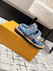 LV MIAMI DOUBLE-STRAP SANDALS 25S IN BLUE DENIM AND CALFSKIN