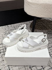 PRADA 25S CRISSCROSS SANDALS IN WHITE CALFSKIN LOGO