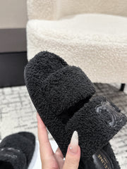 CELINE 25S SLIDES TRIOMPHE IN BLACK SPONGE FABRIC
