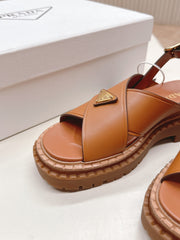 PRADA 25S SANDALS IN LIGHT TAN CALFSKIN LOGO GOLD HARDWARE