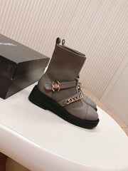 CHANEL ANKLE BOOTS 25S IN SMOKY GRAY LAMBSKIN AND FABRIC WITH GOLD HARDWARE