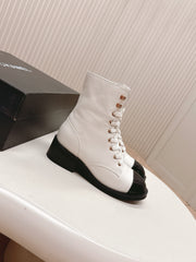 CHANEL ANKLE BOOTS 25S IN WHITE MIX BLACK LAMBSKIN WITH ZIPPER