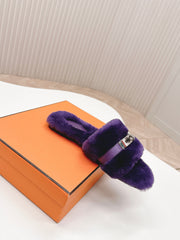 HM 25S ORAN SANDAL IN DARK PURPLE SHEARLING WITH SILVER HARDWARE