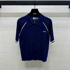 MIU 25S ROUND NECK STRIPED KNIT RAGLAN SHORT SLEEVES 264109