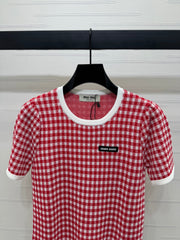 MIUMIU CREW NECK SHORT-SLEEVE PLAID KNIT TOP 274834