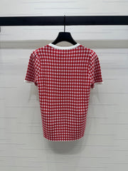 MIUMIU CREW NECK SHORT-SLEEVE PLAID KNIT TOP 274834