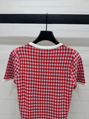 MIUMIU CREW NECK SHORT-SLEEVE PLAID KNIT TOP 274834