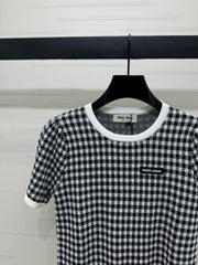 MIUMIU CREW NECK SHORT-SLEEVE PLAID KNIT TOP 274833