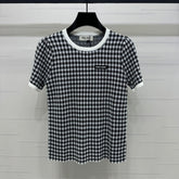 MIUMIU CREW NECK SHORT-SLEEVE PLAID KNIT TOP 274833