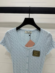 MIUMIU U-NECK KNITTED SHORT-SLEEVE TOP LIGHT BLUE 274948