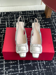 ROGER VIVIER 25S VIVIER SLINGBACK 45MM IN SILVER CALFSKIN EMBELLISHED CRYSTALS