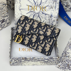 DIOR 25S SADDLE JASMINE GUSSET CARD HOLDER 10 IN BLUE OBLIQUE JACQUARD CANVAS