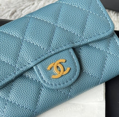 CHANEL 25S CLASSIC FLAP CARD HOLDER 11 IN SLATE BLUE CAVIAR GOLD HARDWARE