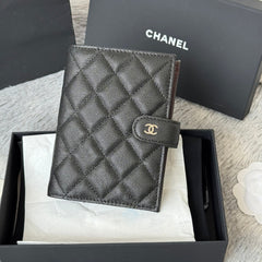 CHANEL 25S MULTI PURPOSE PASSPORT WALLET 15 IN BLACK CALFSKIN SILVER HARDWARE
