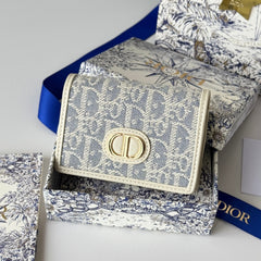 DIOR 25S CARO CARD HOLDER 11 IN LIGHT BLUE CALFSKIN AND CANVAS GOLD HARDWARE