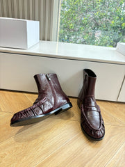 YSL 25S ANKLE FLAT BOOTS IN DEEP REDWOOD EMBOSSED LAMBSKIN WITH SIDE ZIPPER