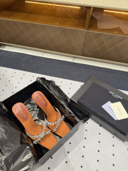 HIGH RHINESTONE CROSS STRAP MULES IN BRONZE BROWN SILK