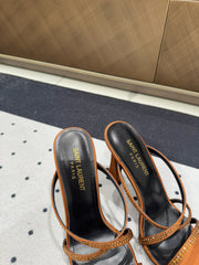 HIGH CRYSTAL STRAP SANDALS IN SANDSTONE SILK