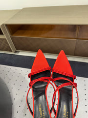 HIGH CRYSTAL STRAP SANDALS IN RED SILK