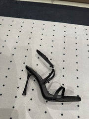 HIGH HEEL SANDALS IN BLACK SILK WTH STRAPS ATTACHED GEM