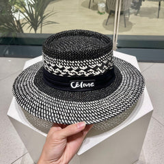 WIDE BRIM HAT MODEL 652048 IN BLACK AND WHITE WOVEN STRAW
