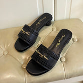 DWAY HEELED SLIDE IN BLACK CALFSKIN WITH GOLD LOGO