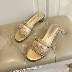DWAY HEELED SLIDE IN GOLD CALFSKIN WITH GOLD LOGO