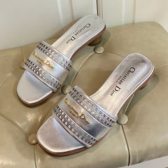 DWAY HEELED SLIDE IN SILVER CALFSKIN WITH GOLD LOGO