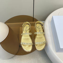 FLAT SANDALS 25S IN SHINY GOLD CALFSKIN RHINESTONES STRAP