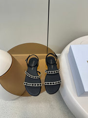 FLAT SANDALS 25S IN BLACK CALFSKIN RHINESTONES STRAP