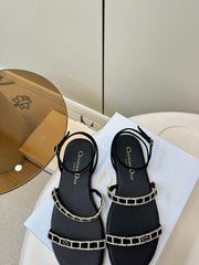 FLAT SANDALS 25S IN BLACK CALFSKIN RHINESTONES STRAP