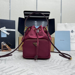 PRADA 25S DUET BUCKET BAG 23 IN BURGUNDY RE-NYLON GOLD HARDWARE