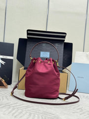PRADA 25S DUET BUCKET BAG 23 IN BURGUNDY RE-NYLON GOLD HARDWRE