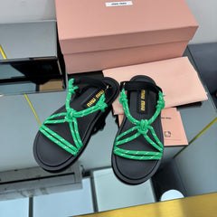 RIVIERE SANDALS IN BLACK CALFSKIN GREEN CORD